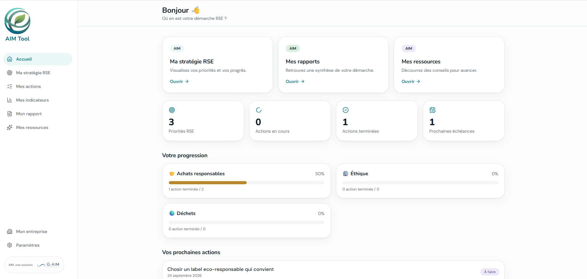 Tableau de bord AIM : accès rapides à Ma stratégie RSE, Mes rapports et Mes ressources, indicateurs de priorités et d'actions, progression des axes et prochaines échéances.