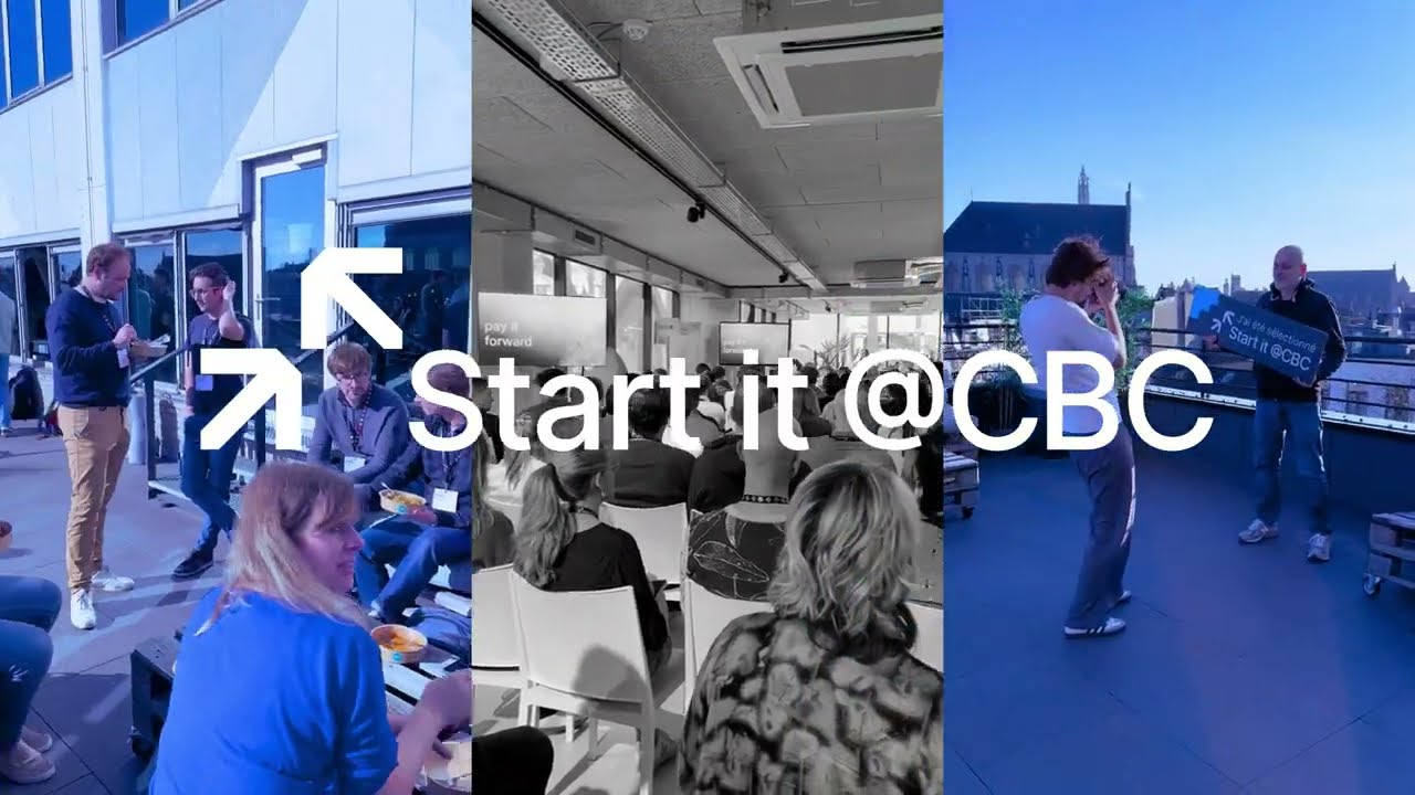 Collage de photos du programme Start it @CBC : rencontres en terrasse, audience en salle et remise de prix, avec le logo Start it @CBC