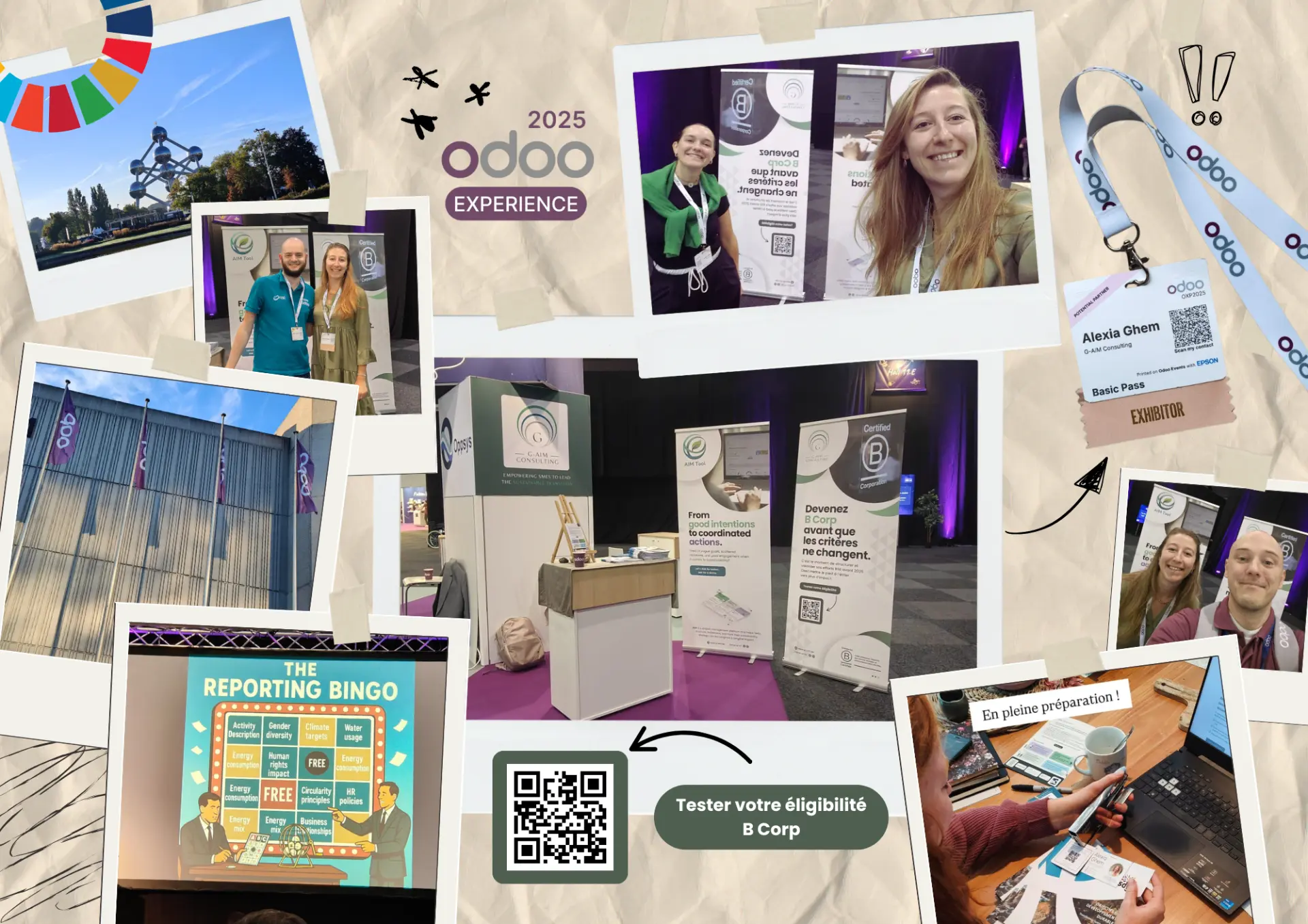 Collage de photos de l'équipe de G-AIM Consulting sur son stand à l'Odoo Experience 2025 : stand, rencontres, préparation et conférence